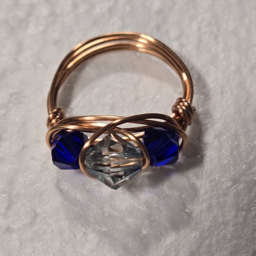 Hand Crafted Copper and Blue Bicone Stones Ring